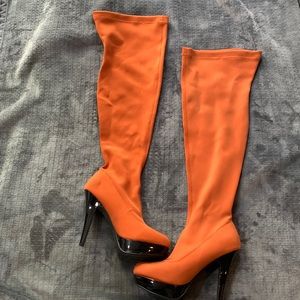 Thigh High boots stretchy orange/black Halloween colors